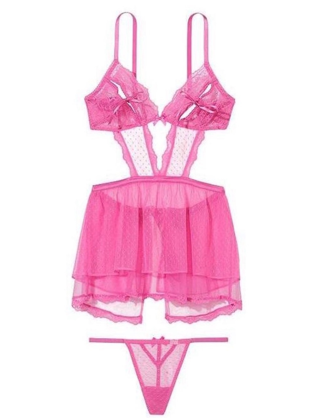 Victoria's Secret Pink Sheer Dotted Mesh Lace Babydoll Lingerie